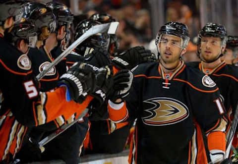 Mar 30, 2016; Anaheim, CA, USA; Anaheim Ducks center Brandon Pirri (11) is greeted at the bench after scoring a goal in the first period of the game against the Calgary Flames at Honda Center. Mandatory Credit: Jayne Kamin-Oncea-USA TODAY Sports