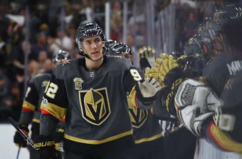 LAS VEGAS, NV – OCTOBER 10: Tomas Nosek #92 of the Vegas Golden Knights celebrates his goal which was the first for the franchise at home against Antti Raanta #32 of the Arizona Coyotes at 2:31 of the first period during the Golden Knights’ inaugural regular-season home opener at T-Mobile Arena on October 10, 2017 in Las Vegas, Nevada. (Photo by Bruce Bennett/Getty Images)