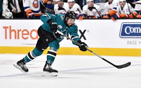 SAN JOSE, CA – OCTOBER 20: Brenden Dillon #4 of the San Jose Sharks shoots the puck against the New York Islanders at SAP Center on October 20, 2018 in San Jose, California (Photo by Brandon Magnus/NHLI via Getty Images)