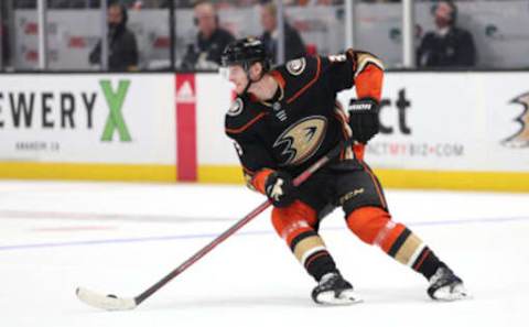 ANAHEIM, CALIFORNIA – JANUARY 13: John Klingberg #3 of the Anaheim Ducks skates with the puck during the third period of a game against the New Jersey Devils at Honda Center on January 13, 2023, in Anaheim, California. (Photo by Sean M. Haffey/Getty Images)