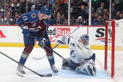 DENVER, COLORADO – JUNE 18: Andrei Vasilevskiy #88 of the Tampa Bay Lightning makes a save against Valeri Nichushkin #13 of the Colorado Avalanche during the second period in Game Two of the 2022 NHL Stanley Cup Final at Ball Arena on June 18, 2022 in Denver, Colorado. (Photo by Matthew Stockman/Getty Images)