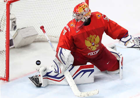 COPENHAGEN, DENMARK – MAY 17, 2018: Russia’s goalie Igor Shestyorkin concedes a goal in the 2018 IIHF Ice Hockey World Championship Quarterfinal match against Canada at Royal Arena. Canada won the game 5-4 in overtime. Anton Novoderezhkin/TASS (Photo by Anton NovoderezhkinTASS via Getty Images)