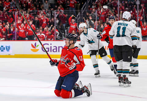 WASHINGTON, DC – JANUARY 05: Washington Capitals left wing Jakub Vrana (13) celebrates his second period goal against the San Jose Sharks on January 5, 2020 at the Capital One Arena in Washington, D.C. (Photo by Mark Goldman/Icon Sportswire via Getty Images)