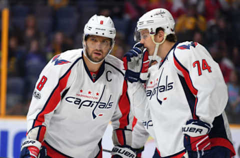 Feb 25, 2017; Nashville, TN, USA; Washington Capitals left wing Alex Ovechkin (8) talks with defenseman John Carlson (74) during the first period against the Nashville Predators at Bridgestone Arena. Mandatory Credit: Christopher Hanewinckel-USA TODAY Sports