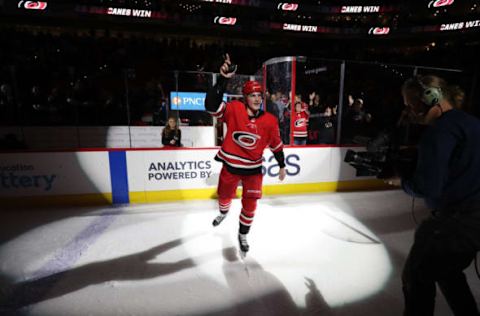 RALEIGH, NC – OCTOBER 29: Andrei Svechnikov #37 of the Carolina Hurricanes is named 1st star after scoring 2 goals against the Calgary Flames during an NHL game on October 29, 2019 at PNC Arena in Raleigh, North Carolina. (Photo by Gregg Forwerck/NHLI via Getty Images)