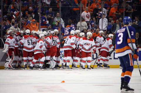 NEW YORK, NEW YORK – APRIL 26: The Carolina Hurricanes celebrate their 1-0 overtime victory over the New York Islanders in Game One of the Eastern Conference Second Round during the 2019 NHL Stanley Cup Playoffs at the Barclays Center on April 26, 2019 in the Brooklyn borough of New York City. (Photo by Bruce Bennett/Getty Images)