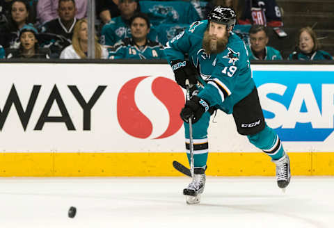 Apr 16, 2017; San Jose, CA, USA; San Jose Sharks center Joe Thornton (19) shoots against the in the first period of game three in the first round of the 2017 Stanley Cup Playoffs at SAP Center at San Jose. Mandatory Credit: John Hefti-USA TODAY Sports