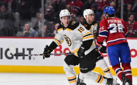 MONTREAL, QC – NOVEMBER 05: Zach Senyshyn #19 of the Boston Bruins skates against the Montreal Canadiens during the first period at the Bell Centre on November 5, 2019 in Montreal, Canada. The Montreal Canadiens defeated the Boston Bruins 5-4. (Photo by Minas Panagiotakis/Getty Images)