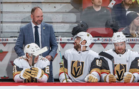 OTTAWA, ON – JANUARY 16: Head coach Peter DeBoer of the Vegas Golden Knights talks with Alex Tuch #89 at the bench before an NHL game against the Ottawa Senators at Canadian Tire Centre on January 16, 2020 in Ottawa, Ontario, Canada. (Photo by Andre Ringuette/NHLI via Getty Images)