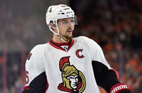 Apr 2, 2016; Philadelphia, PA, USA; Ottawa Senators defenseman Erik Karlsson (65) during the first period against the Philadelphia Flyers at Wells Fargo Center. The Flyers won 3-2. Mandatory Credit: Derik Hamilton-USA TODAY Sports