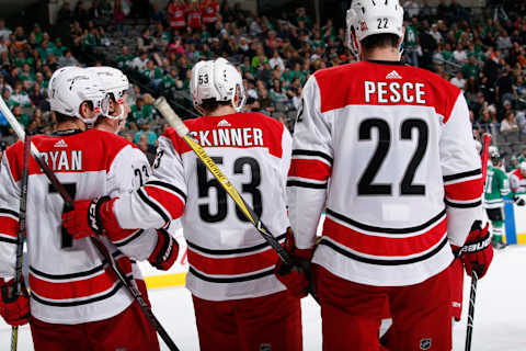 DALLAS, TX – OCTOBER 21: Derek Ryan #7, Jeff Skinner #53, Brett Pesce #22 and the Carolina Hurricanes celebrate a goal against the Dallas Stars at the American Airlines Center on October 21, 2017 in Dallas, Texas. (Photo by Glenn James/NHLI via Getty Images)