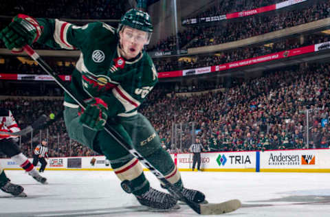 ST. PAUL, MN – FEBRUARY 15: Nick Seeler #36 of the Minnesota Wild tracks a flying puck during a game with the New Jersey Devils at Xcel Energy Center on February 15, 2019, in St. Paul, Minnesota. (Photo by Bruce Kluckhohn/NHLI via Getty Images)