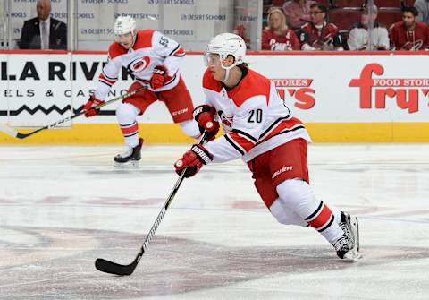 GLENDALE, AZ – NOVEMBER 04: Sebastian Aho #20 of the Carolina Hurricanes skates with the puck against the Arizona Coyotes at Gila River Arena on November 4, 2017 in Glendale, Arizona. (Photo by Norm Hall/NHLI via Getty Images)