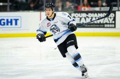 EVERETT, WASHINGTON – NOVEMBER 16: Winnipeg Ice defenseman Carson Lambos #7 skates up the ice during the first period against the Everett Silvertips at Angel of the Winds Arena on November 16, 2019 in Everett, Washington. (Photo by Christopher Mast/Getty Images)