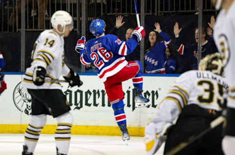 Nov 25, 2023; New York, New York, USA; New York Rangers left wing Jimmy Vesey (26) celebrates his goal against the Boston Bruins during the second period at Madison Square Garden. Mandatory Credit: Danny Wild-USA TODAY Sports