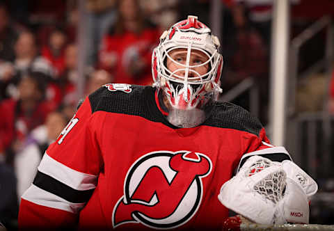 NEWARK, NEW JERSEY – MARCH 12: Vitek Vanecek #41 of the New Jersey Devils defends his net during the first period against the Carolina Hurricanes at Prudential Center on March 12, 2023, in Newark, New Jersey. (Photo by Elsa/Getty Images)