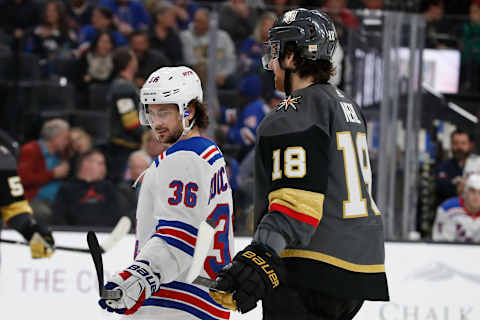 LAS VEGAS, NV – JANUARY 07: New York Rangers Right Wing Mats Zuccarello (36) looks back at Vegas Golden Knights Right Wing James Neal (18) after a brief conversation during a break in the action during a game between the Vegas Golden Knights and the New York Rangers on January 7, 2018 at T-Mobile Arena in Las Vegas, Nevada. (Photo by Jeff Speer/Icon Sportswire via Getty Images)