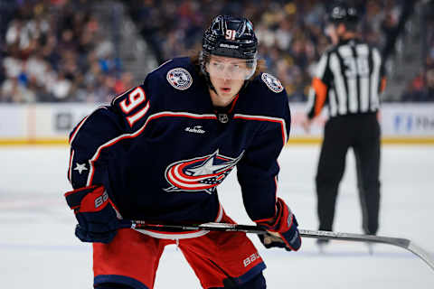 Oct 22, 2022; Columbus, Ohio, USA; Columbus Blue Jackets center Kent Johnson (91) awaits the face-off against the Pittsburgh Penguins in the second period at Nationwide Arena. Mandatory Credit: Aaron Doster-USA TODAY Sports