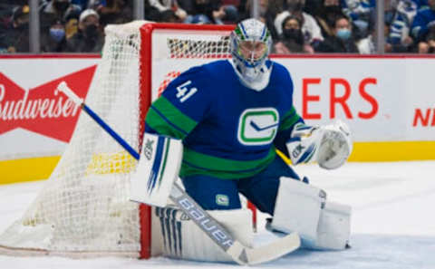 Dec 14, 2021; Vancouver, British Columbia, CAN; Vancouver Canucks goalie Jaroslav Halak (41) in action against the Columbus Blue Jackets in the second period at Rogers Arena. Mandatory Credit: Bob Frid-USA TODAY Sports