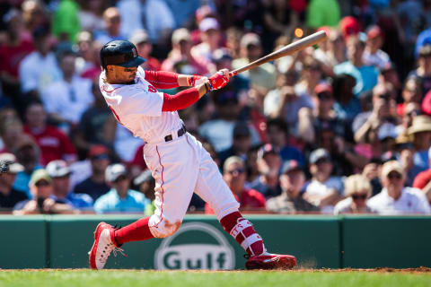 BOSTON, MA – MAY 2: Mookie Betts #50 of the Boston Red Sox bats during the game against the Kansas City Royals at Fenway Park on Wednesday May 2, 2018 in Boston, Massachusetts. (Photo by Rob Tringali/SportsChrome/Getty Images) *** Local Caption *** Mookie Betts