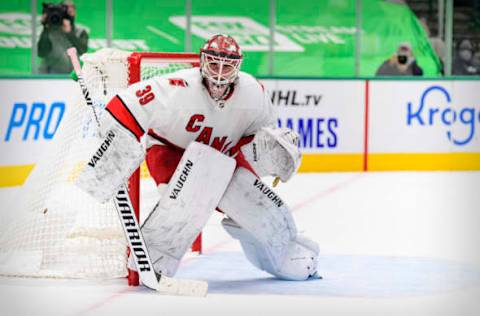 Feb 13, 2021; Dallas, Texas, USA; Carolina Hurricanes goaltender Alex Nedeljkovic (39) faces the Dallas Stars attack during the third period at the American Airlines Center. Mandatory Credit: Jerome Miron-USA TODAY Sports