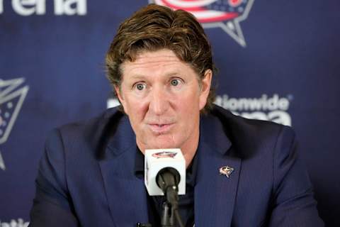 Jul 1, 2023; Columbus, OH, USA; New Columbus Blue Jackets head coach Mike Babcock speaks to the media after being named the ninth Blue Jackets head coach during a press conference at Nationwide Arena. Mandatory Credit: Kyle Robertson-USA TODAY NETWORK