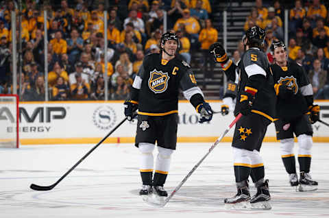 NASHVILLE, TN – JANUARY 31: Jaromir Jagr #68 of the Florida Panthers and Aaron Ekblad #5 of the Florida Panthers celebrate after Jagr’s goal during the Eastern Conference Semifinal Game between the Atlantic Division and the Metropolitan Division as part of the 2016 Honda NHL All-Star Game at Bridgestone Arena on January 31, 2016 in Nashville, Tennessee. (Photo by John Russell/NHLI via Getty Images)