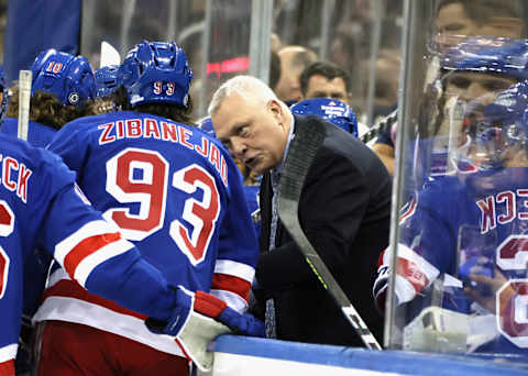 NEW YORK, NEW YORK – OCTOBER 23: Assistant coach Mike Kelly of the New York Rangers handles the bench during the second period against the Columbus Blue Jackets at Madison Square Garden on October 23, 2022, in New York City. (Photo by Bruce Bennett/Getty Images)