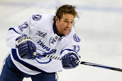 SUNRISE, FL – MARCH 12: Ryan Malone #12 of the Tampa Bay Lightning warms up before NHL game against the Florida Panthers at the BB&T Center on March 12, 2013 in Sunrise, Florida. (Photo by Ronald C. Modra/Getty Images)