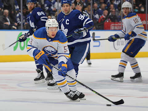 TORONTO, ON – APRIL 12: Jeff Skinner #53 of the Buffalo Sabres skates with the puck against the Toronto Maple Leafs during an NHL game at Scotiabank Arena on April 12, 2022 in Toronto, Ontario, Canada. The Sabres defeated the Maple Leafs 5-2. (Photo by Claus Andersen/Getty Images)