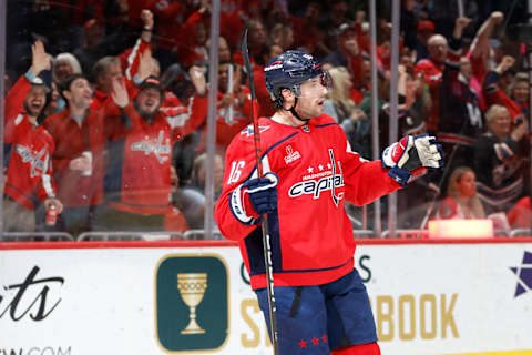 Apr 13, 2023; Washington, District of Columbia, USA; Washington Capitals center Craig Smith (16) celebrates after scoring a goal against the New Jersey Devils in the first period at Capital One Arena. Mandatory Credit: Geoff Burke-USA TODAY Sports