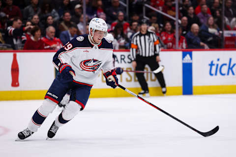 WASHINGTON, DC – MARCH 21: Patrik Laine #29 of the Columbus Blue Jackets in action against the Washington Capitals during the second period of the game at Capital One Arena on March 21, 2023 in Washington, DC. (Photo by Scott Taetsch/Getty Images)