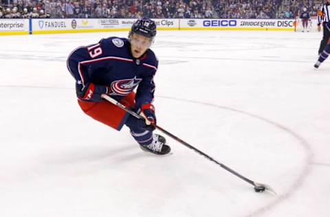 COLUMBUS, OH – APRIL 30: Ryan Dzingel #19 of the Columbus Blue Jackets controls the puck while playing against the Boston Bruins in Game Three of the Eastern Conference Second Round during the 2019 NHL Stanley Cup Playoffs on April 30, 2019 at Nationwide Arena in Columbus, Ohio. (Photo by Kirk Irwin/Getty Images)