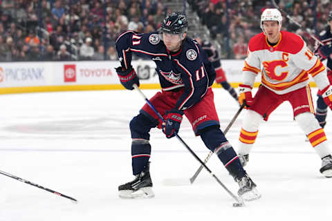 COLUMBUS, OHIO – OCTOBER 20: Adam Fantilli #11 of the Columbus Blue Jackets skates with the puck during the second period against the Calgary Flames at Nationwide Arena on October 20, 2023 in Columbus, Ohio. (Photo by Jason Mowry/Getty Images)