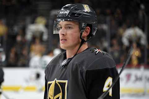 LAS VEGAS, NEVADA – SEPTEMBER 29: Jimmy Schuldt #4 of the Vegas Golden Knights warms up prior to a game against the San Jose Sharks at T-Mobile Arena on September 29, 2019 in Las Vegas, Nevada. (Photo by David Becker/NHLI via Getty Images)