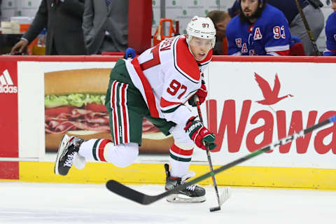 NEWARK, NJ – NOVEMBER 30: New Jersey Devils left wing Nikita Gusev (97) skates during the National Hockey League game between the New Jersey Devils and the New York Rangers on November 30, 2019 at the Prudential Center in Newark, NJ. (Photo by Rich Graessle/Icon Sportswire via Getty Images)