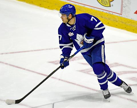 TORONTO, ON – MARCH 25: Timothy Liljegren #7 of the Toronto Marlies turns up ice against the Springfield Thunderbirds during AHL game action on March 25, 2018 at Ricoh Coliseum in Toronto, Ontario, Canada. (Photo by Graig Abel/Getty Images)