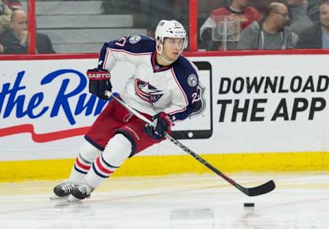 Nov 19, 2015; Ottawa, Ontario, CAN; Columbus Blue Jackets defenseman Ryan Murray (27) skates with the puck in the second period against the Ottawa Senators at Canadian Tire Centre. Mandatory Credit: Marc DesRosiers-USA TODAY Sports