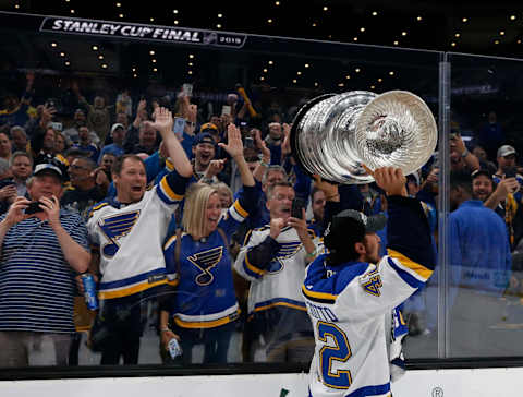 Jun 12, 2019; Boston, MA, USA; St. Louis Blues defenseman Michael Del Zotto (42) hoists the Stanley Cup after defeating the Boston Bruins in game seven of the 2019 Stanley Cup Final at TD Garden. Mandatory Credit: Winslow Townson-USA TODAY Sports