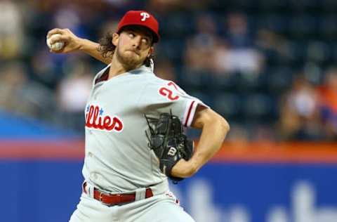 NEW YORK, NY – JULY 09: Aaron Nola #27 of the Philadelphia Phillies pitches in the first inning against the New York Mets during game two of a doubleheader at Citi Field on July 9, 2018 in the Flushing neighborhood of the Queens borough of New York City. (Photo by Mike Stobe/Getty Images)