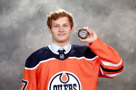 CHICAGO, IL – JUNE 24: Ostap Safin, 115th overall pick of the Edmonton Oilers, poses for a portrait during the 2017 NHL Draft at United Center on June 24, 2017 in Chicago, Illinois. (Photo by Jeff Vinnick/NHLI via Getty Images)