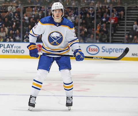 TORONTO, ON – APRIL 12: Owen Power #25 of the Buffalo Sabres skates in his 1st NHL game against the Toronto Maple Leafs at Scotiabank Arena on April 12, 2022 in Toronto, Ontario, Canada. The Sabres defeated the Maple Leafs 5-2. (Photo by Claus Andersen/Getty Images)