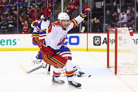 Jan 7, 2023; Newark, New Jersey, USA; New Jersey Devils defenseman Damon Severson (28) celebrates his goal against the New York Rangers during overtime at Prudential Center. Mandatory Credit: Ed Mulholland-USA TODAY Sports