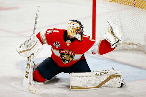 SUNRISE, FL – JANUARY 18: Goaltender Roberto Luongo #1 of the Florida Panthers makes a glove save against the Toronto Maple Leafs at the BB&T Center on January 18, 2019, in Sunrise, Florida. (Photo by Eliot J. Schechter/NHLI via Getty Images)