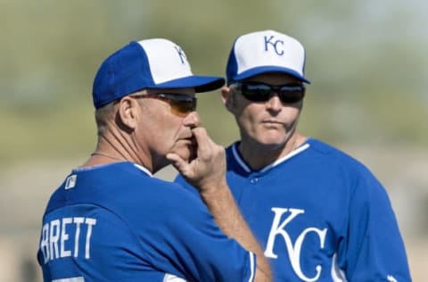 Hall of Fame player George Brett talks with former Kansas City Royals player Mike Sweeney during spring training in Surprise, Ariz., on Thursday, Feb. 20, 2014. (John Sleezer/Kansas City Star/MCT via Getty Images)