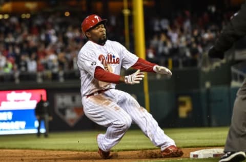 Kendrick’s Awkward Slide into Third Base Is a Memory from 2017. Photo by John Geliebter – USA TODAY Sports.