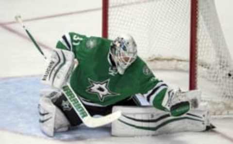 May 1, 2016; Dallas, TX, USA; Dallas Stars goalie Antti Niemi (31) makes a save on a St. Louis Blues shot during the overtime period in game two of the first round of the 2016 Stanley Cup Playoffs at the American Airlines Center. The Blues win 4-3 in overtime. Mandatory Credit: Jerome Miron-USA TODAY Sports