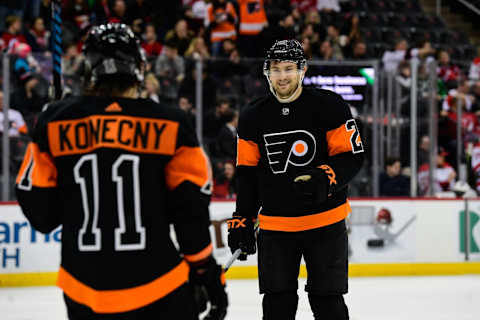 Philadelphia Flyers RW Travis Konecny celebrates with LW James van Riemsdyk: Catalina Fragoso-USA TODAY Sports