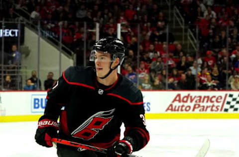 RALEIGH, NC – OCTOBER 11: Andrei Svechnikov #37 of the Carolina Hurricanes skates for position on the ice during an NHL game against the New York Islanders on October 11, 2019 at PNC Arena in Raleigh North Carolina. (Photo by Gregg Forwerck/NHLI via Getty Images)