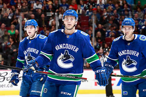 VANCOUVER, BC – NOVEMBER 2: Adam Gaudette #88, Nikolay Goldobin and Jake Virtanen #18 of the Vancouver Canucks skates up ice during their NHL game against the Colorado Avalanche at Rogers Arena November 2, 2018 in Vancouver, British Columbia, Canada. (Photo by Jeff Vinnick/NHLI via Getty Images)”n